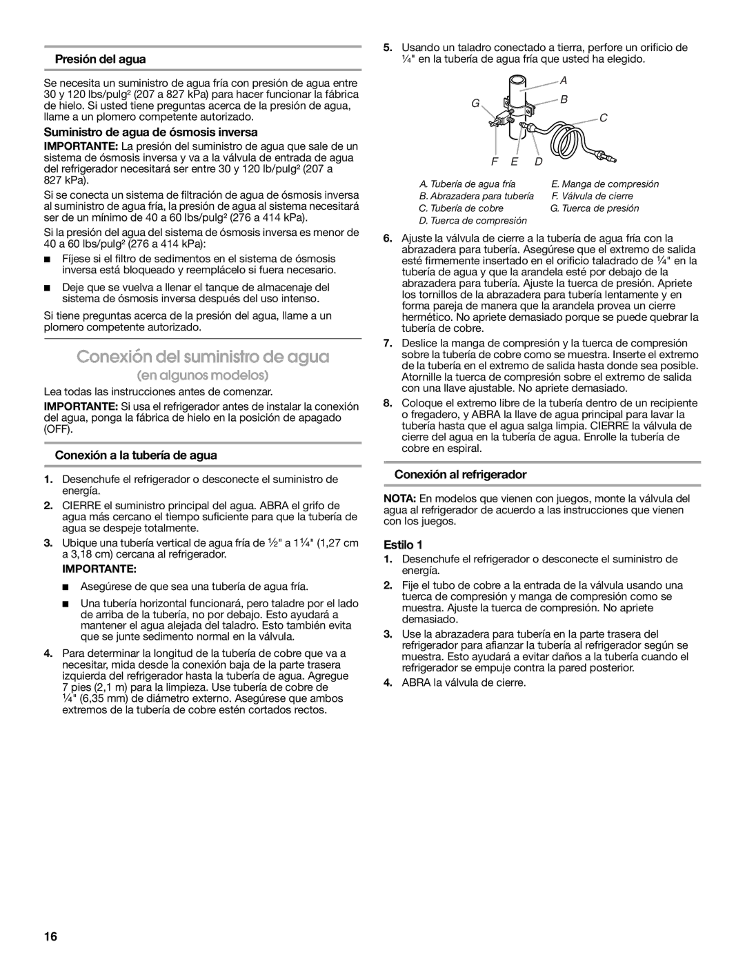 Whirlpool RT14BKXSQ00 warranty Conexión del suministro de agua 