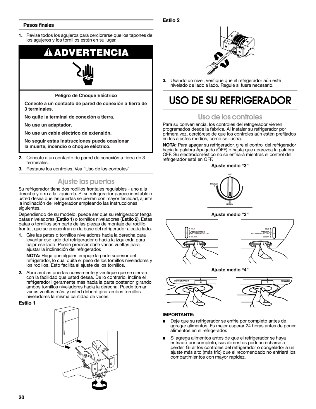 Whirlpool RT14BKXSQ00 USO DE SU Refrigerador, Uso de los controles, Ajuste las puertas, Pasos finales, Ajuste medio 