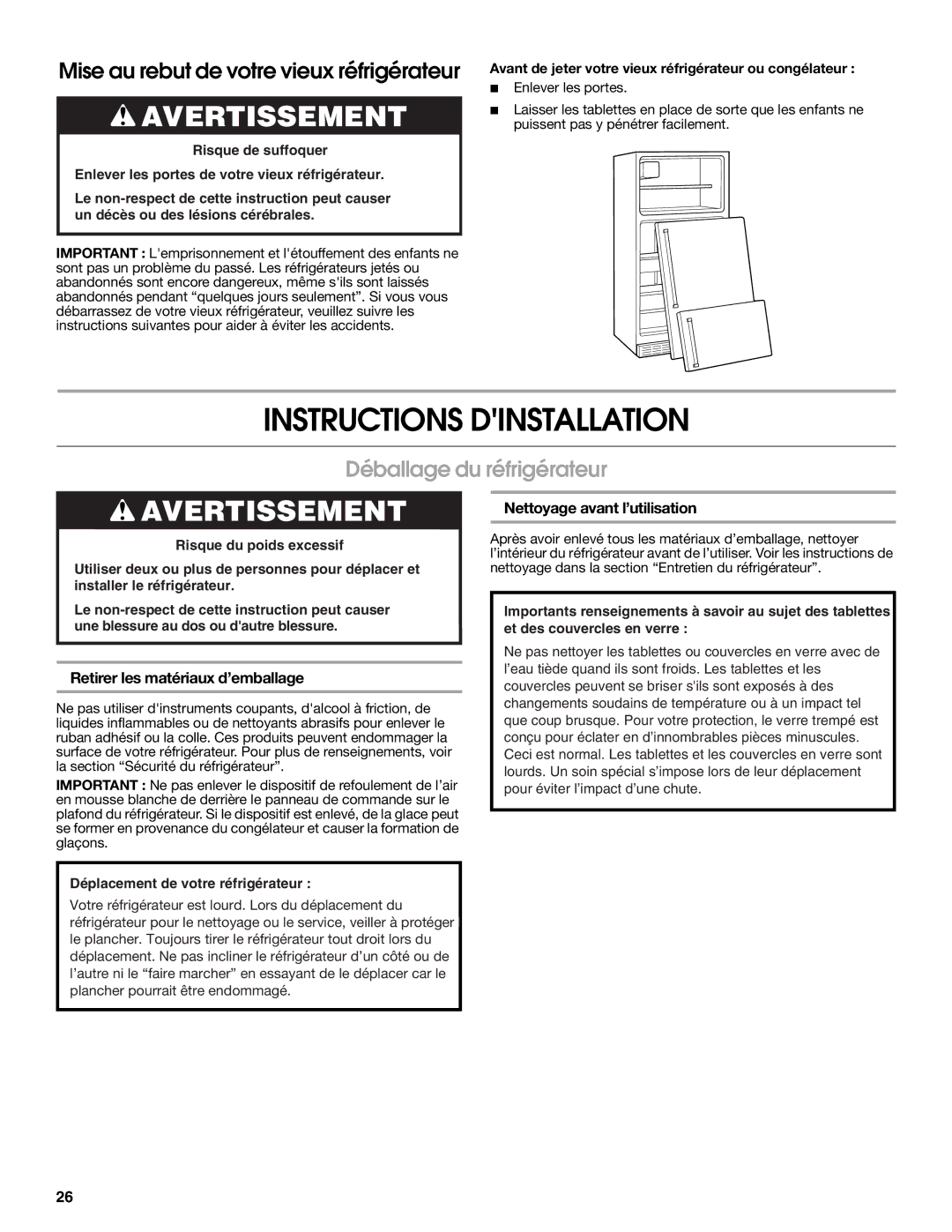 Whirlpool RT14BKXSQ00 warranty Instructions Dinstallation, Déballage du réfrigérateur, Nettoyage avant l’utilisation 