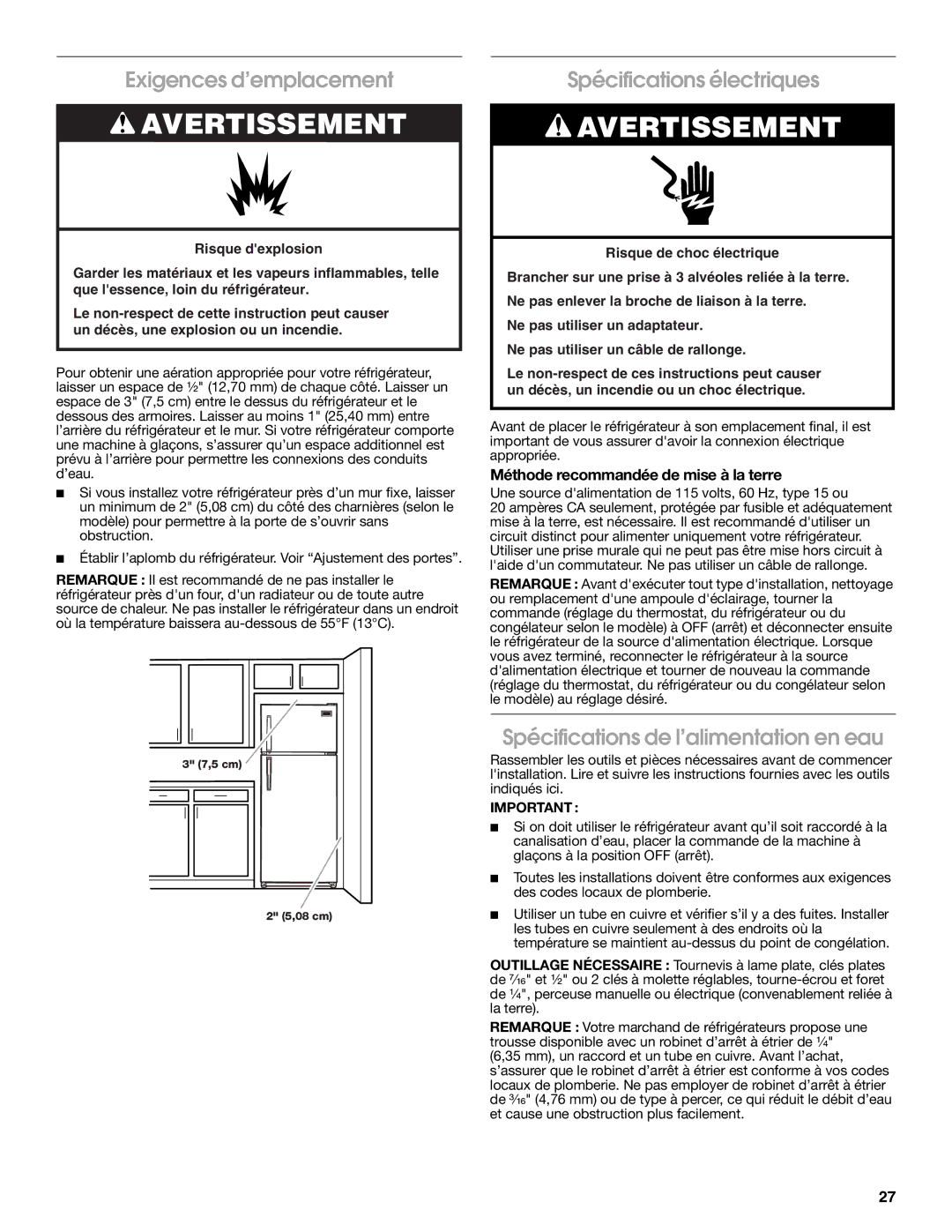 Whirlpool RT14BKXSQ00 warranty Exigences d’emplacement, Spécifications électriques, Spécifications de l’alimentation en eau 