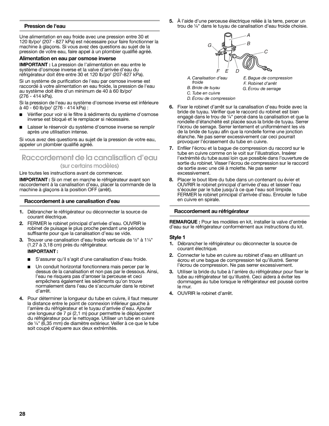 Whirlpool RT14BKXSQ00 Raccordement de la canalisation d’eau, Pression de leau, Alimentation en eau par osmose inverse 