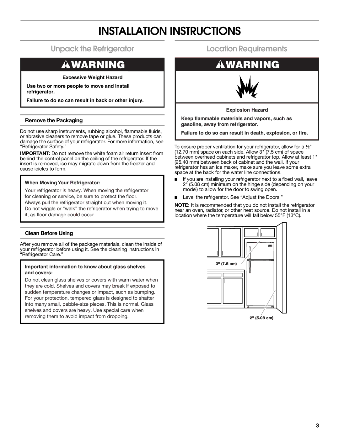 Whirlpool RT14BKXSQ00 Installation Instructions, Unpack the Refrigerator, Location Requirements, Remove the Packaging 