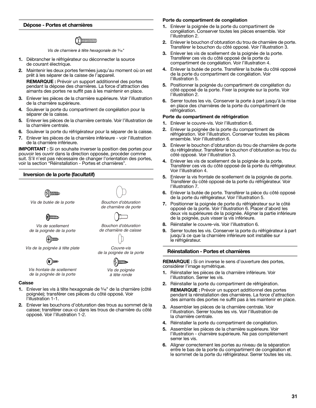 Whirlpool RT14BKXSQ00 Dépose Portes et charnières, Inversion de la porte facultatif, Réinstallation Portes et charnières 