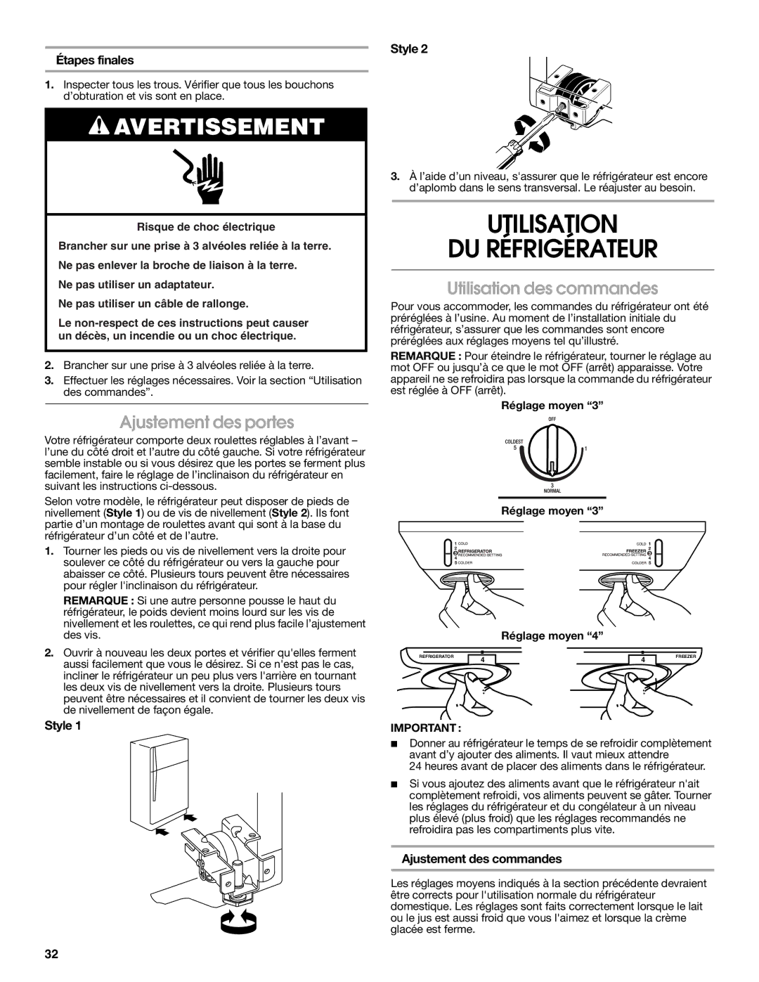 Whirlpool RT14BKXSQ00 Utilisation DU Réfrigérateur, Ajustement des portes, Utilisation des commandes, Étapes finales 