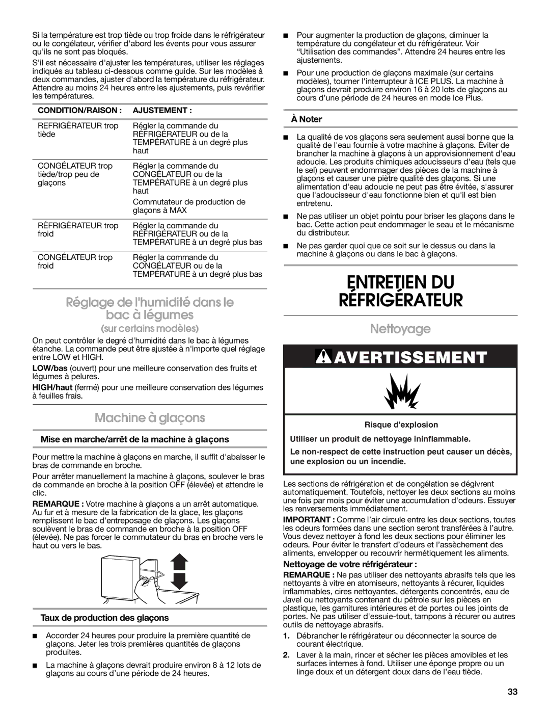 Whirlpool RT14BKXSQ00 Entretien DU Réfrigérateur, Réglage de lhumidité dans le Bac à légumes, Machine à glaçons, Nettoyage 