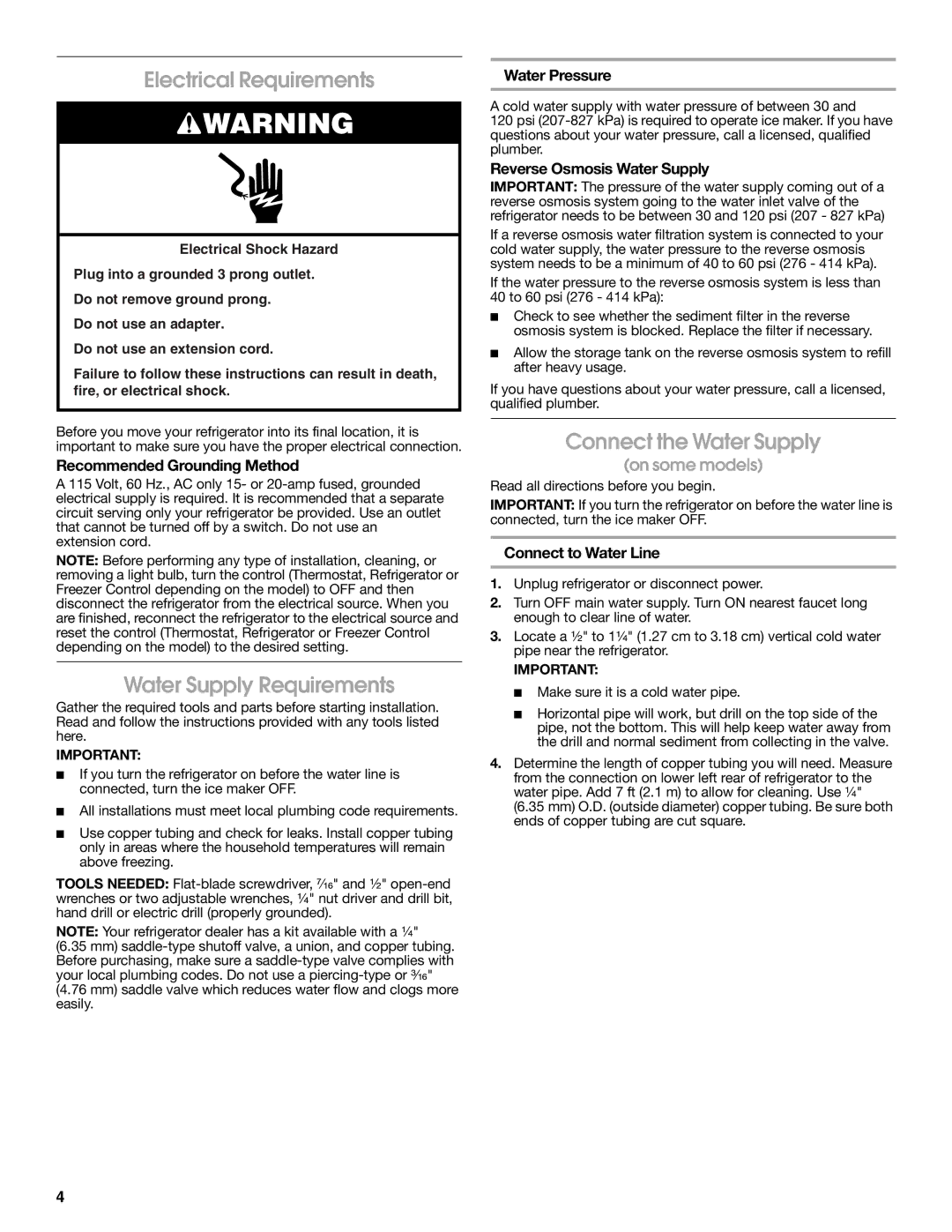 Whirlpool RT14BKXSQ00 warranty Electrical Requirements, Water Supply Requirements, Connect the Water Supply 