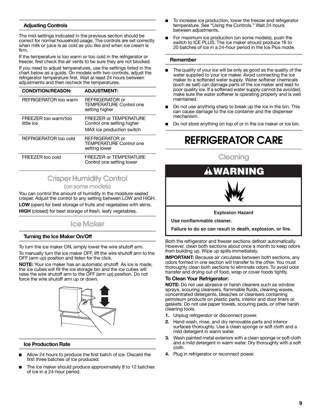 Whirlpool RT14BKXSQ00 warranty Refrigerator Care, Crisper Humidity Control, Ice Maker, Cleaning 