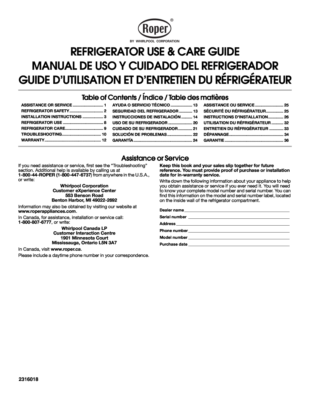 Whirlpool RT14BKXSQ00 warranty Refrigerator Use & Care Guide, Manual De Uso Y Cuidado Del Refrigerador, 2316018 