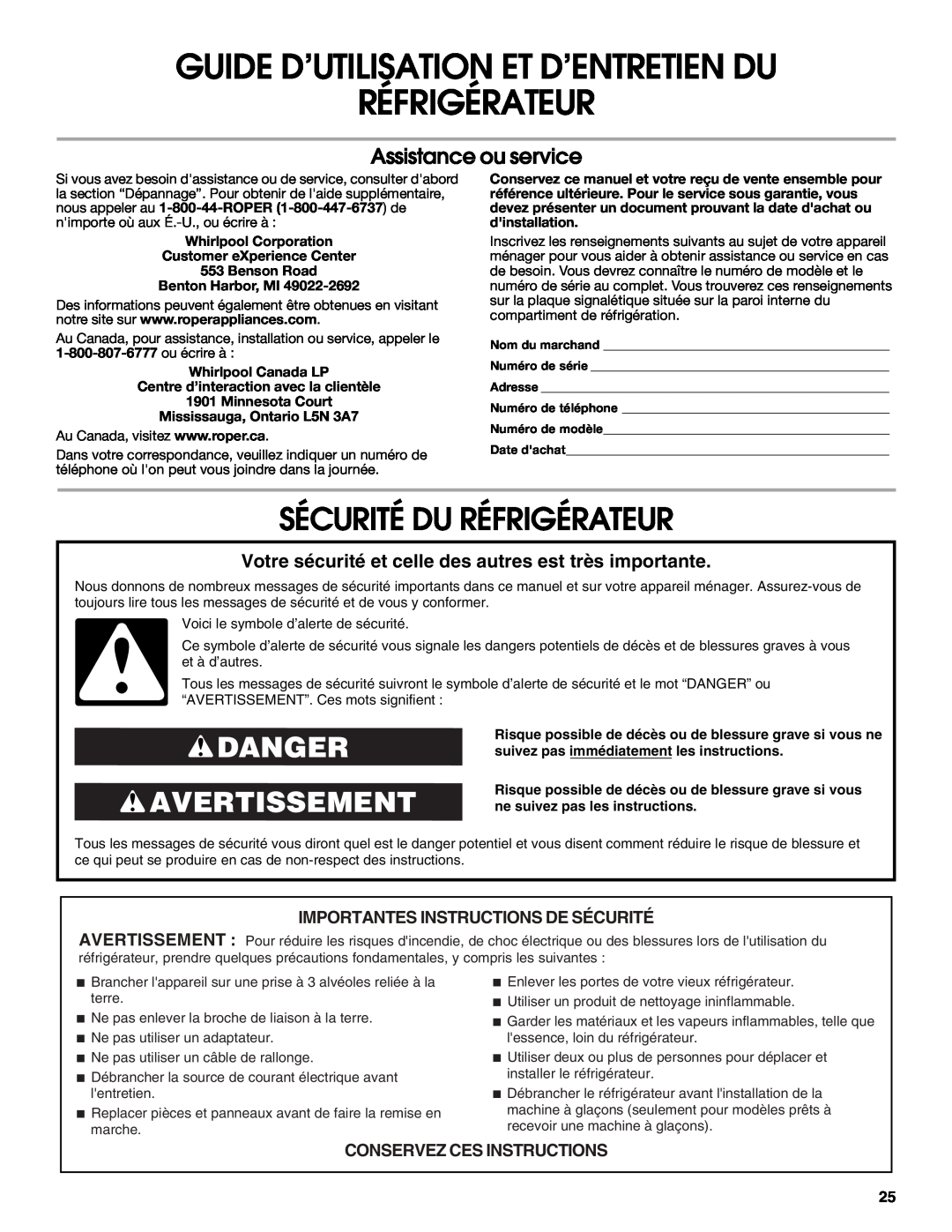Whirlpool RT14BKXSQ00 warranty Guide D’Utilisation Et D’Entretien Du, Sécurité Du Réfrigérateur, Danger Avertissement 