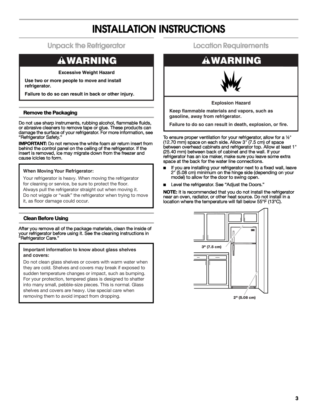 Whirlpool RT14BKXSQ00 Installation Instructions, Unpack the Refrigerator, Location Requirements, Remove the Packaging 