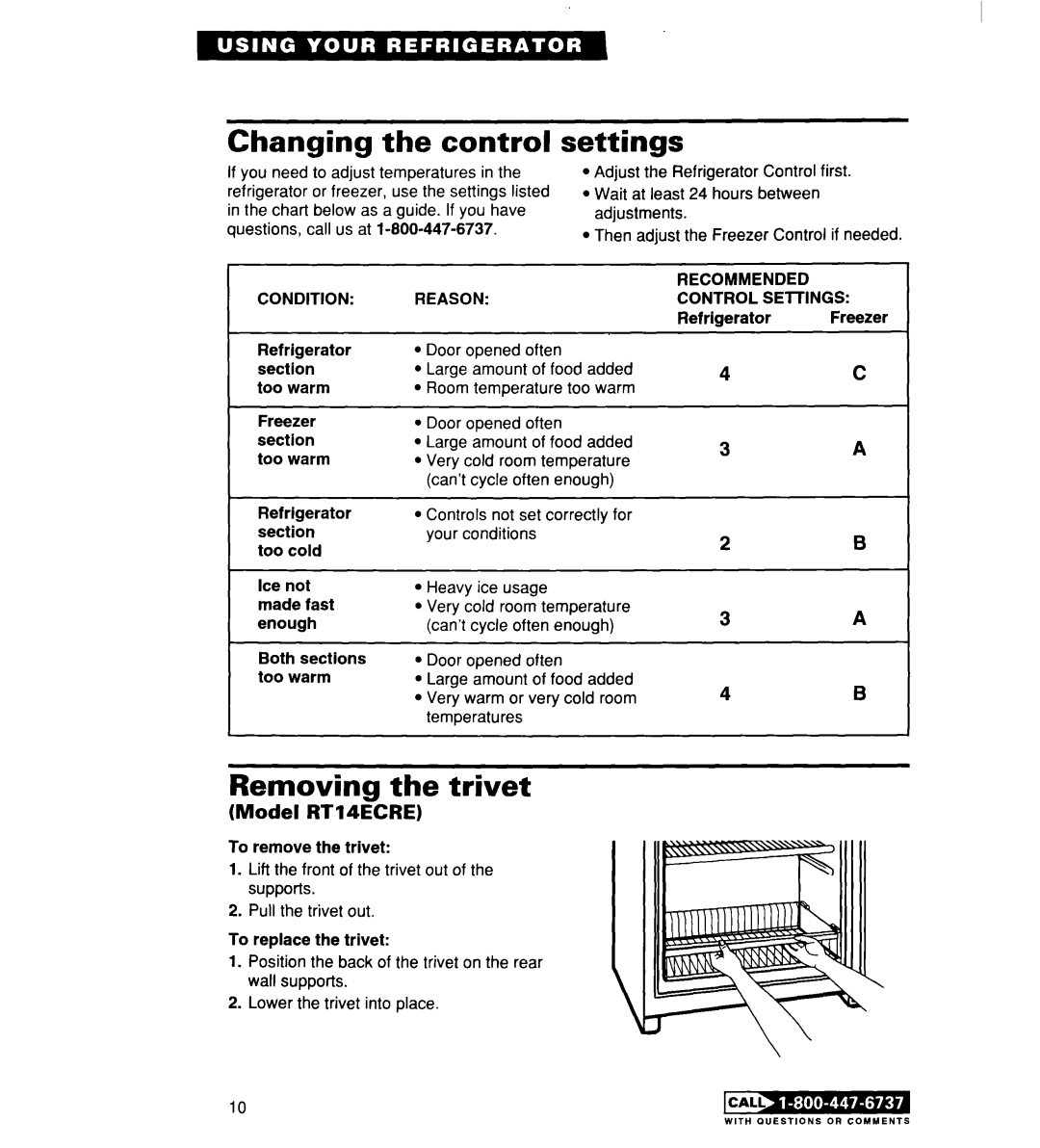 Whirlpool RT14DKXE, RT14ECRE warranty Changing the control, Settings, Removing the trivet, Model Rtiqecre 