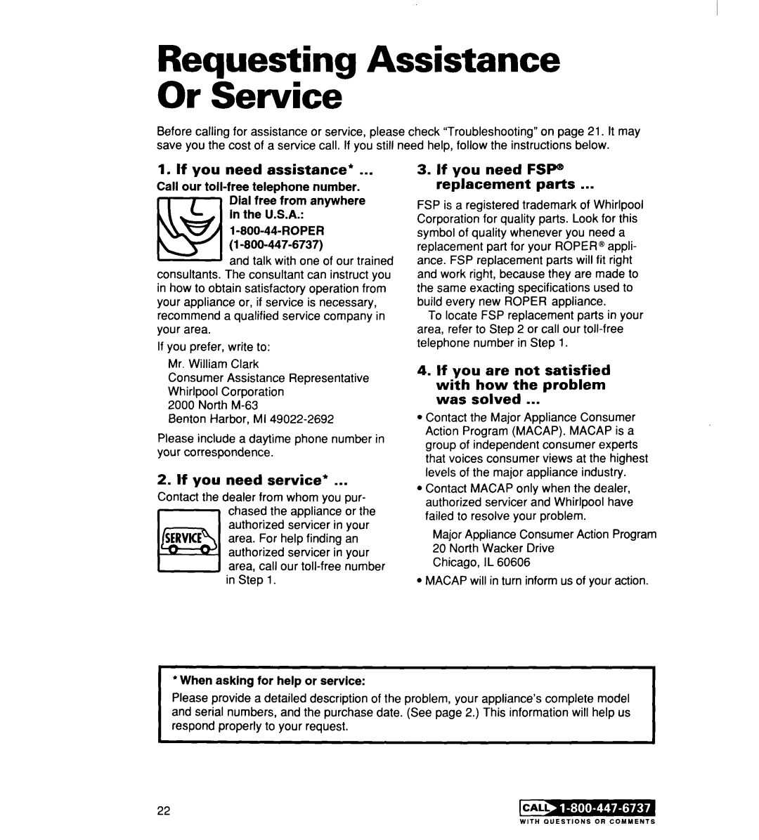 Whirlpool RT14DKXE, RT14ECRE warranty Requesting Assistance Or Service, If you need assistance, If you need service’ 