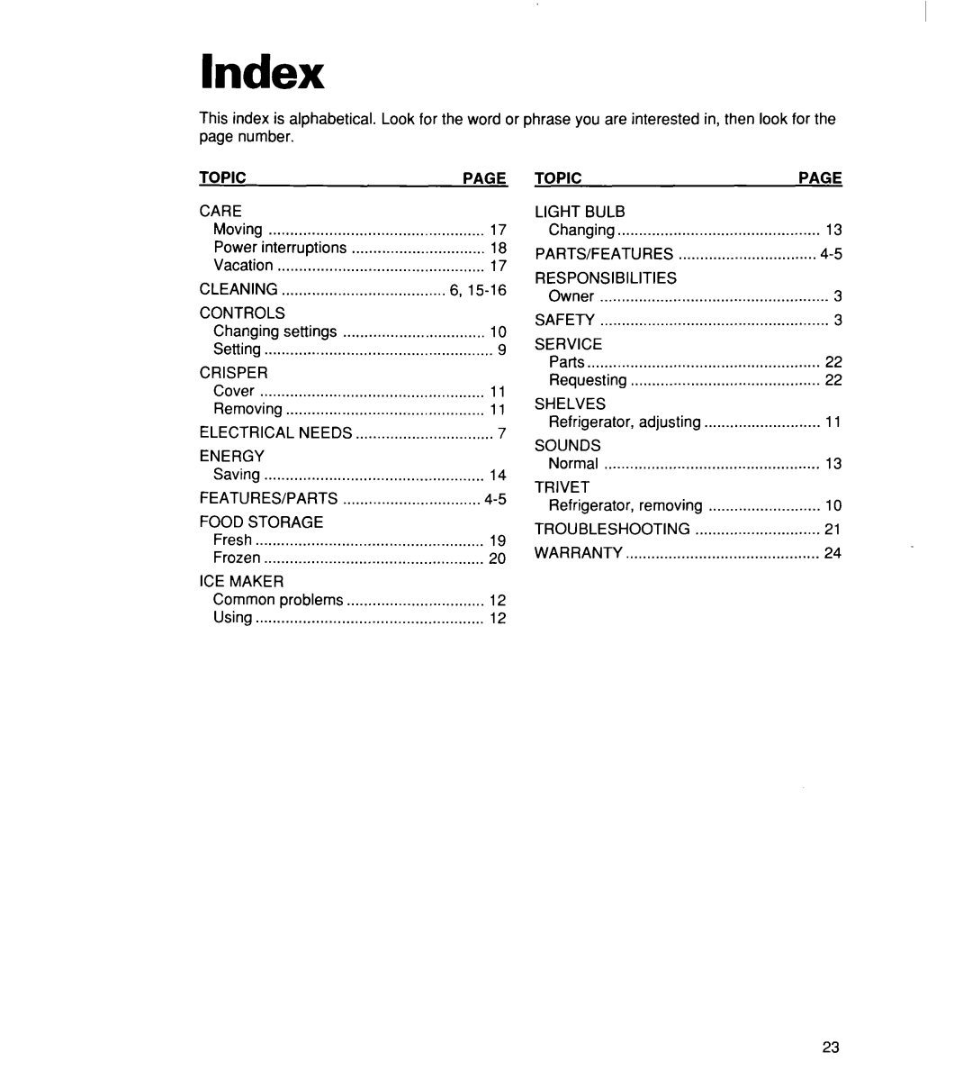 Whirlpool RT14ECRE, RT14DKXE warranty Index 