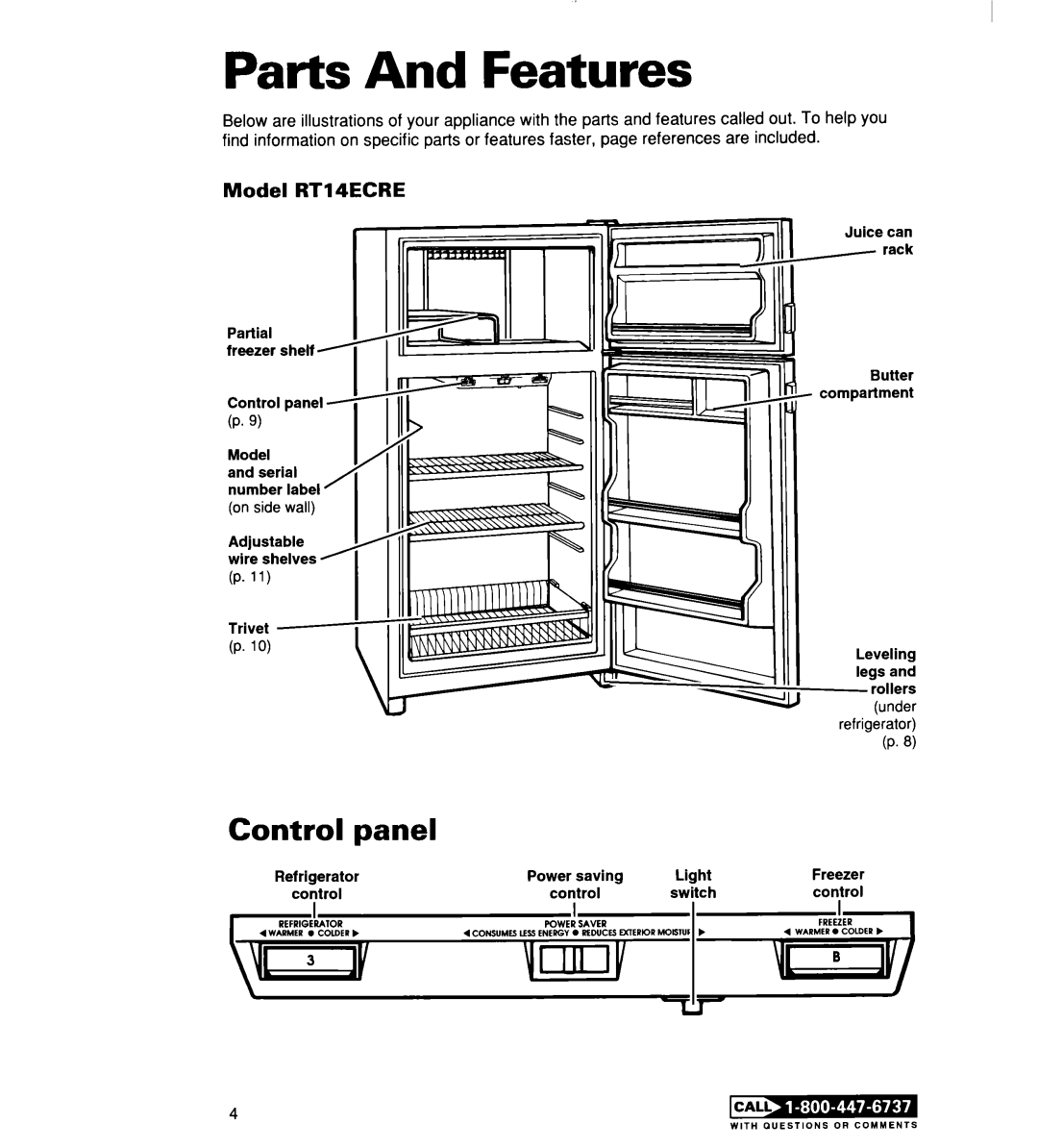 Whirlpool RT14DKXE warranty Parts And Features, Control Panel, Model RT14ECRE 