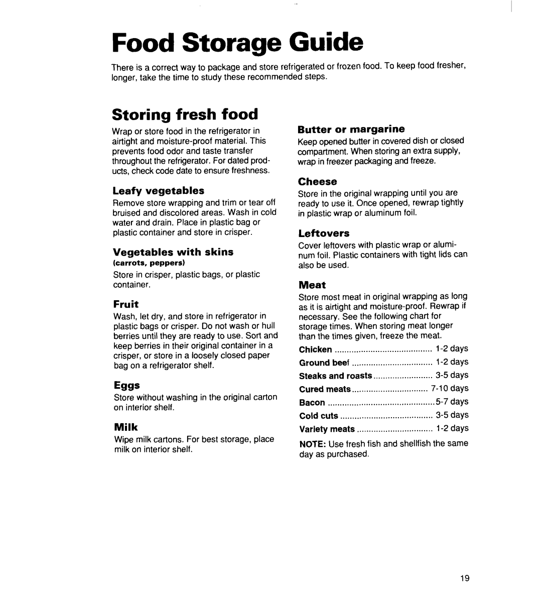 Whirlpool RT14ECRE, RT14DKXE warranty Food Storage Guide, Storing fresh food 