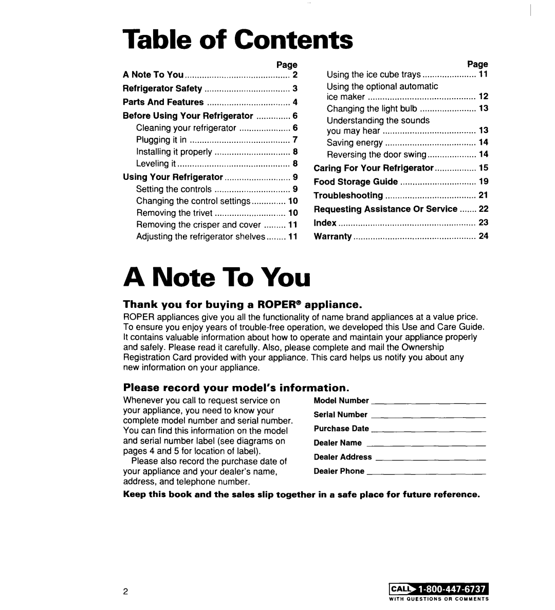 Whirlpool RT14DKXE, RT14ECRE warranty Table of Contents, A Note To You, Thank you for buying a ROPER@ appliance 