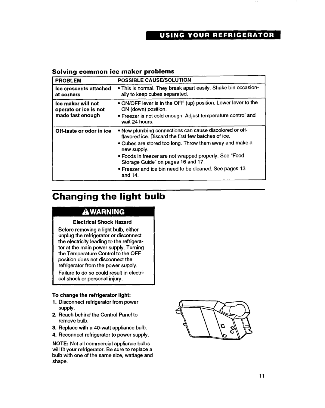 Whirlpool RT14EK, RT14GD Changing the light bulb, Solving common ice maker problems, Problem, Possible CAUSE/SOLUTION 