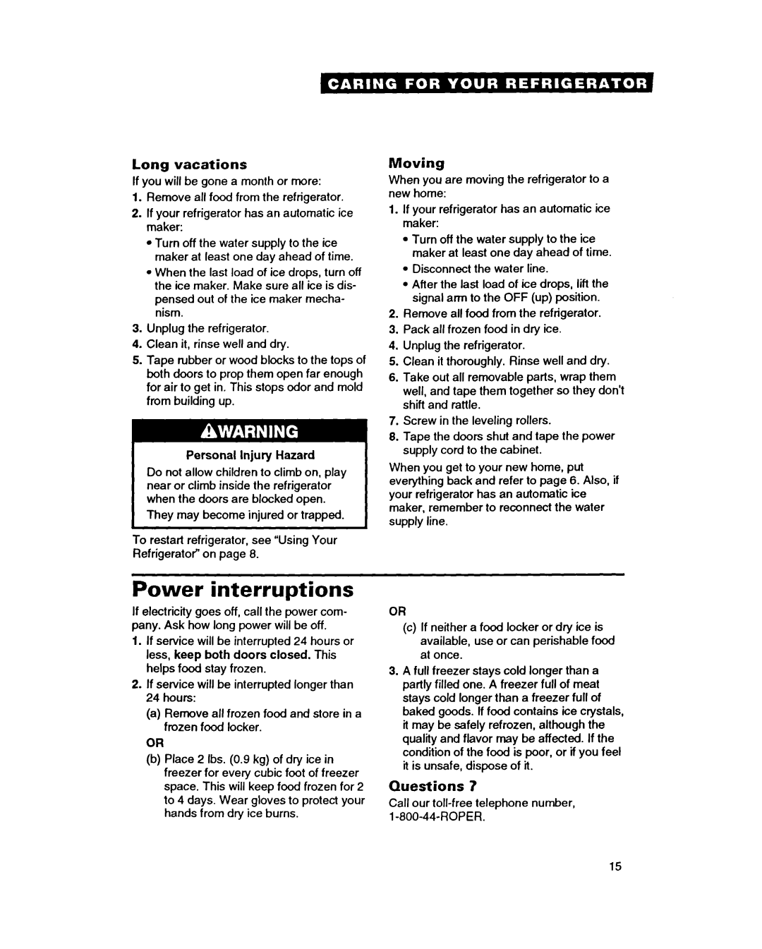 Whirlpool RT14GD, RT14HD, RT14EK important safety instructions Power interruptions, Long vacations, Moving, Questions 