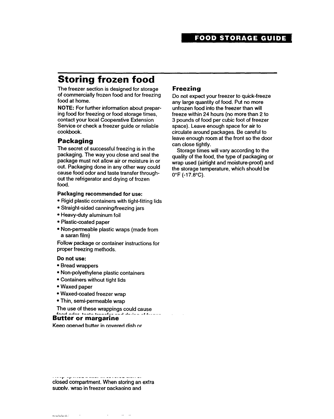 Whirlpool RT14EK, RT14GD, RT14HD important safety instructions Storing frozen food, Packaging, Freezing 