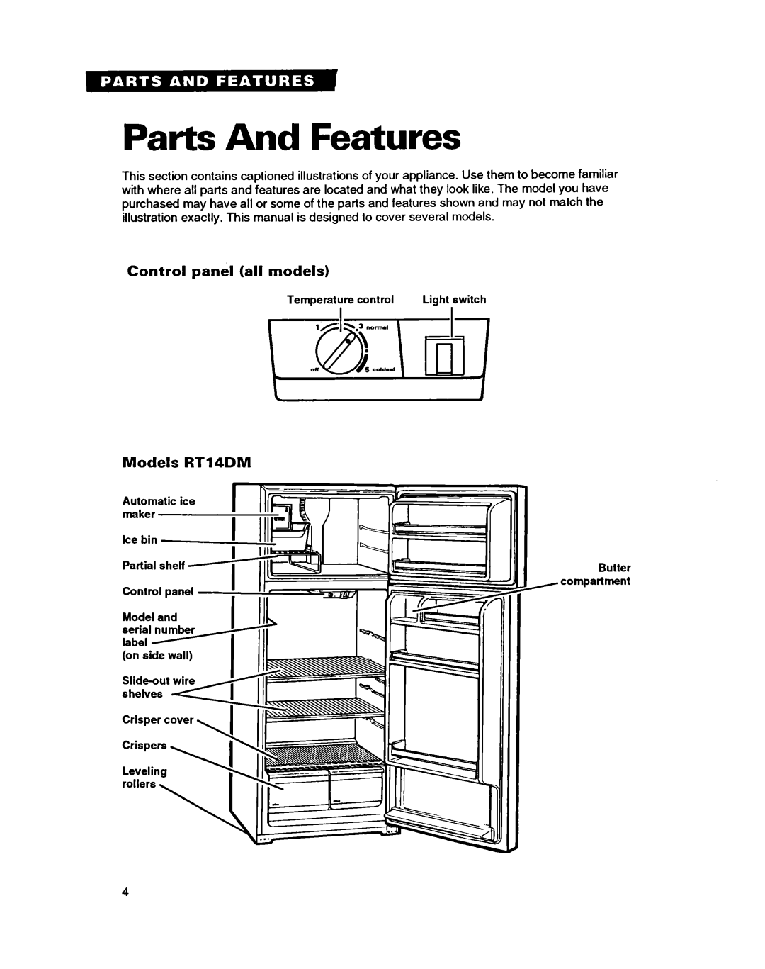 Whirlpool RT14HD, RT14GD, RT14EK important safety instructions Parts And Features, Control panel all models, Models RT14DM 