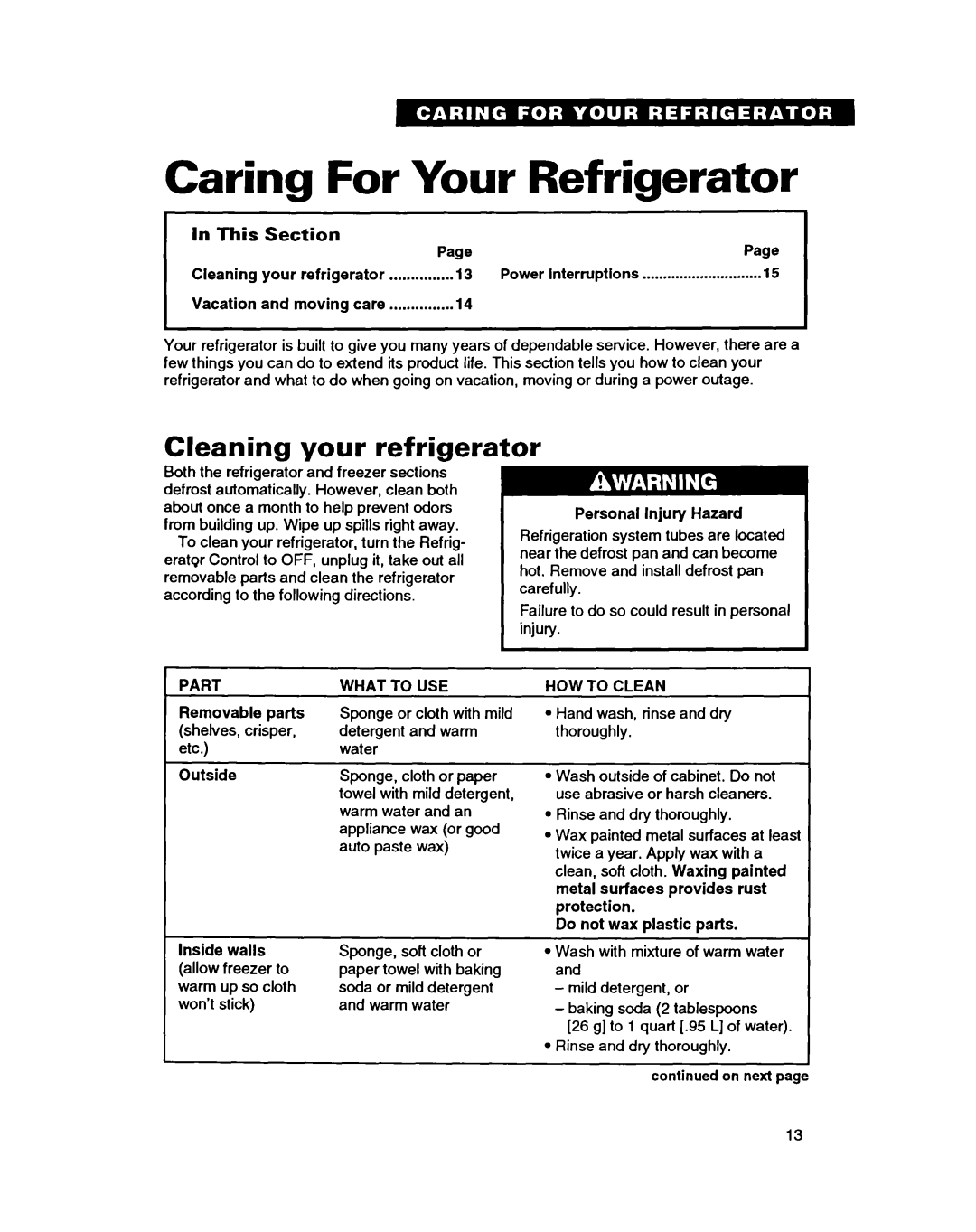 Whirlpool RT14HD, RT14GD, RT14EK Caring For Your Refrigerator, Cleaning your refrigerator, In This, Section 
