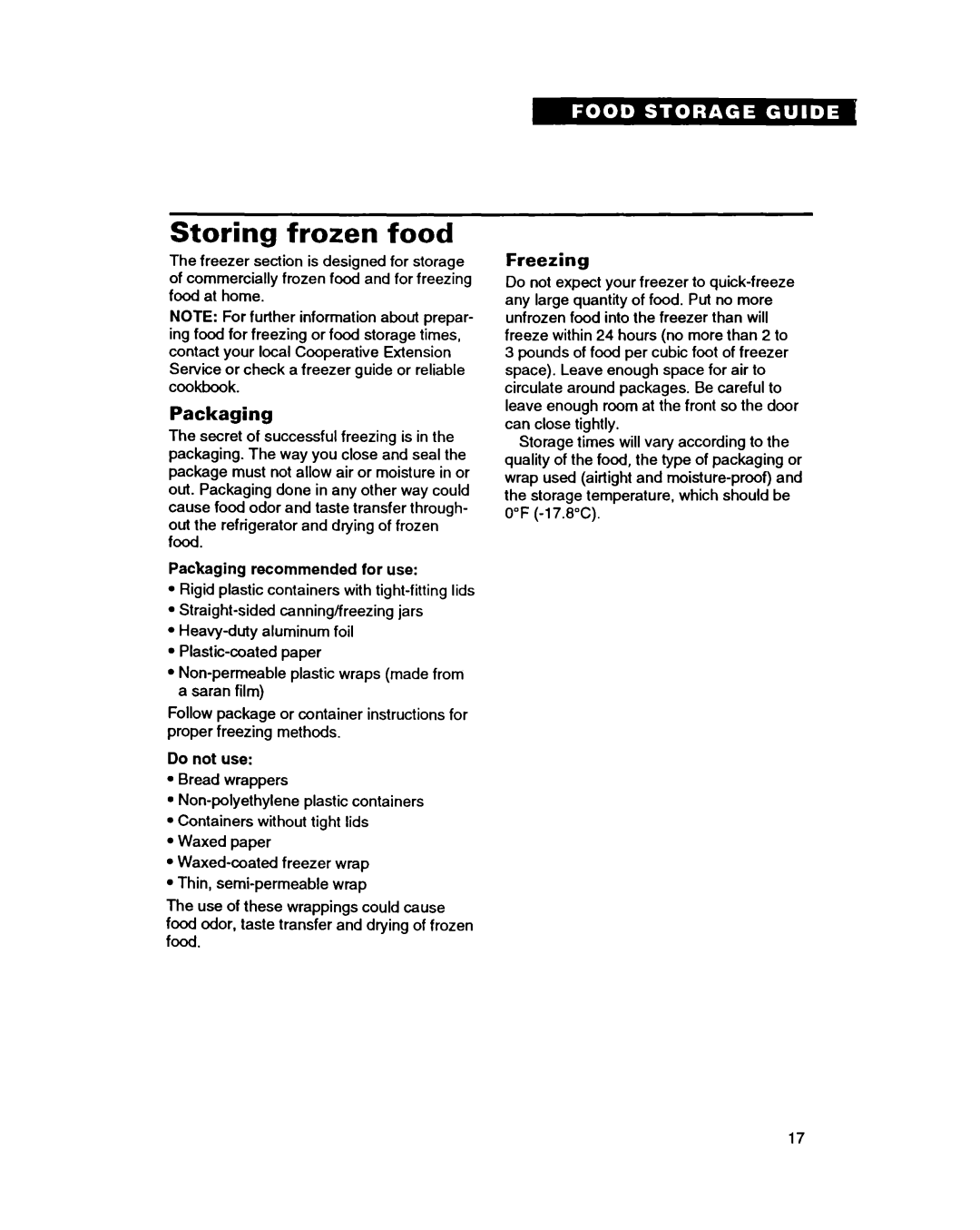 Whirlpool RT14EK, RT14GD, RT14HD important safety instructions Storing frozen food, Packaging, Freezing 