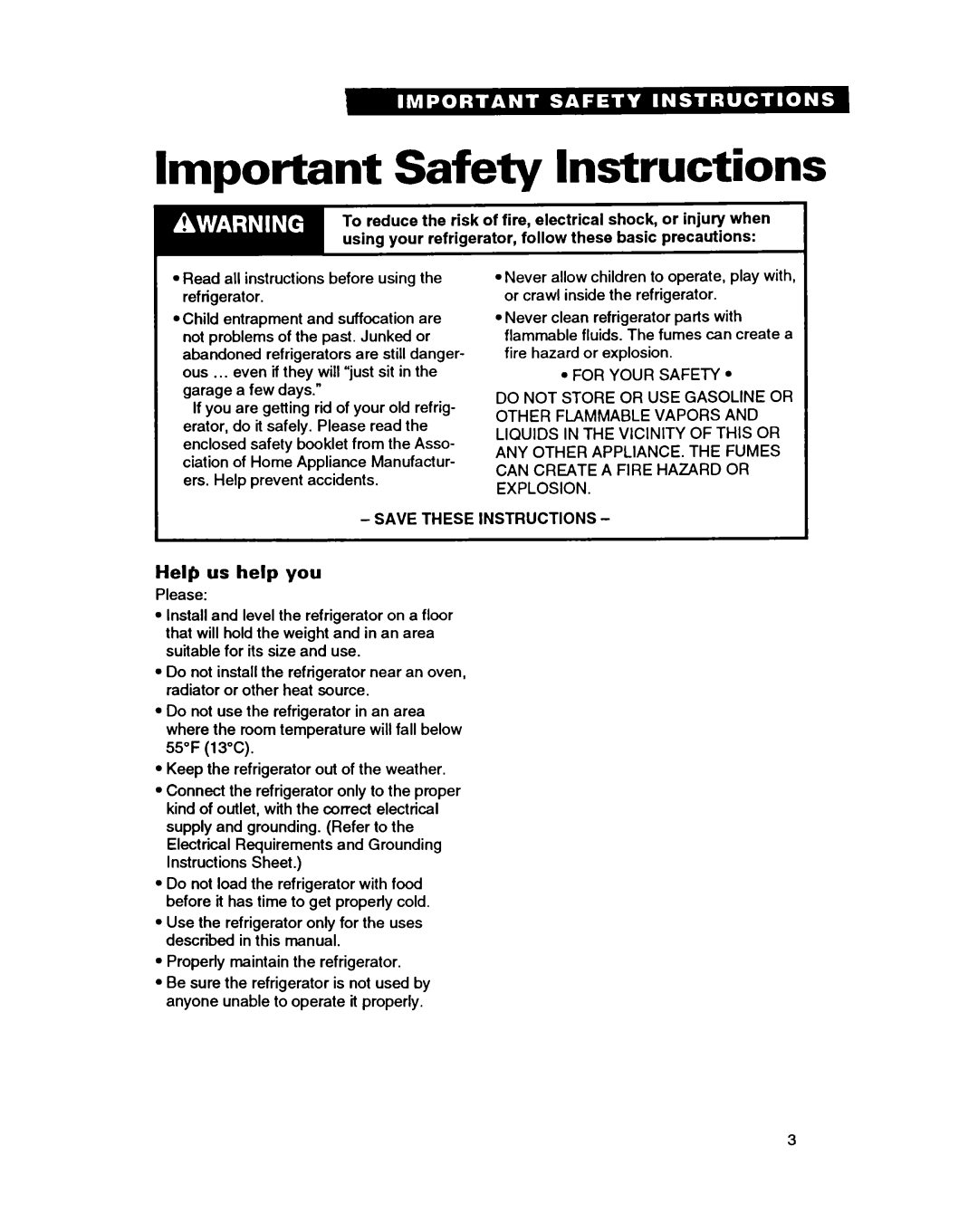 Whirlpool RT14GD, RT14HD, RT14EK important safety instructions Important Safety Instructions, Help us help you 