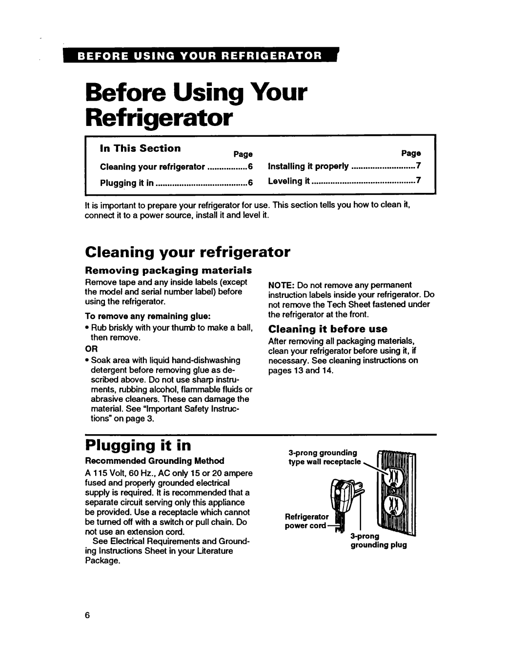 Whirlpool RT14GD, RT14HD Before Using Your Refrigerator, Cleaning your refrigerator, Plugging it in, In This, Section 