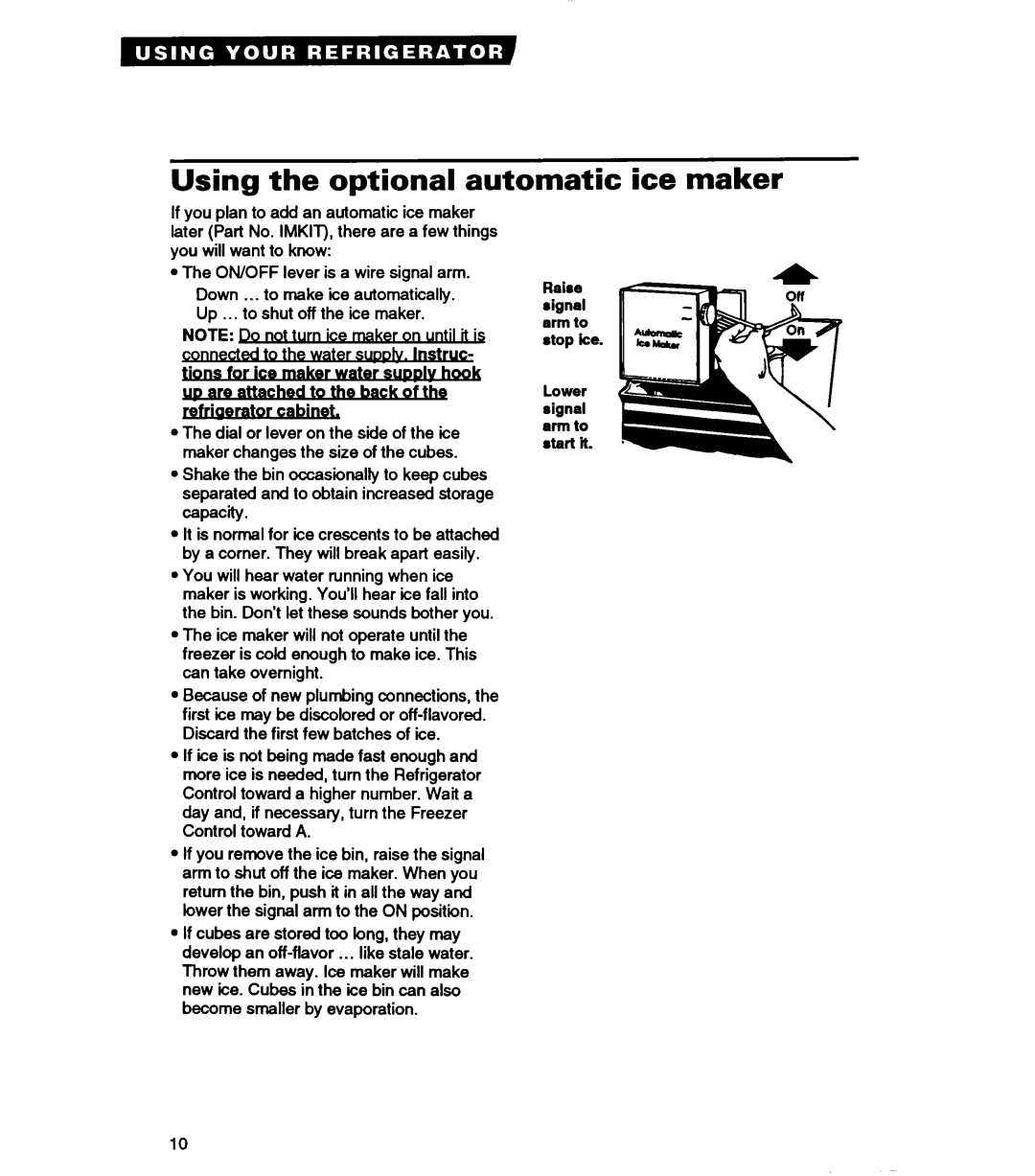 Whirlpool RT14VK warranty Using the optional automatic ice maker 