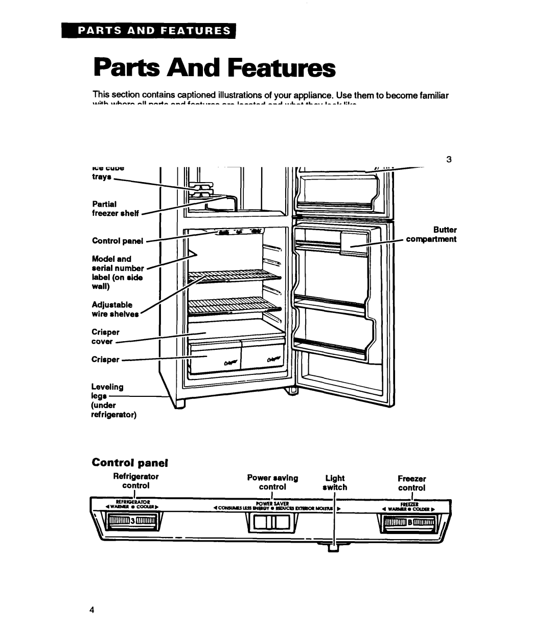 Whirlpool RT14VK warranty Parts And Features, Control panel 