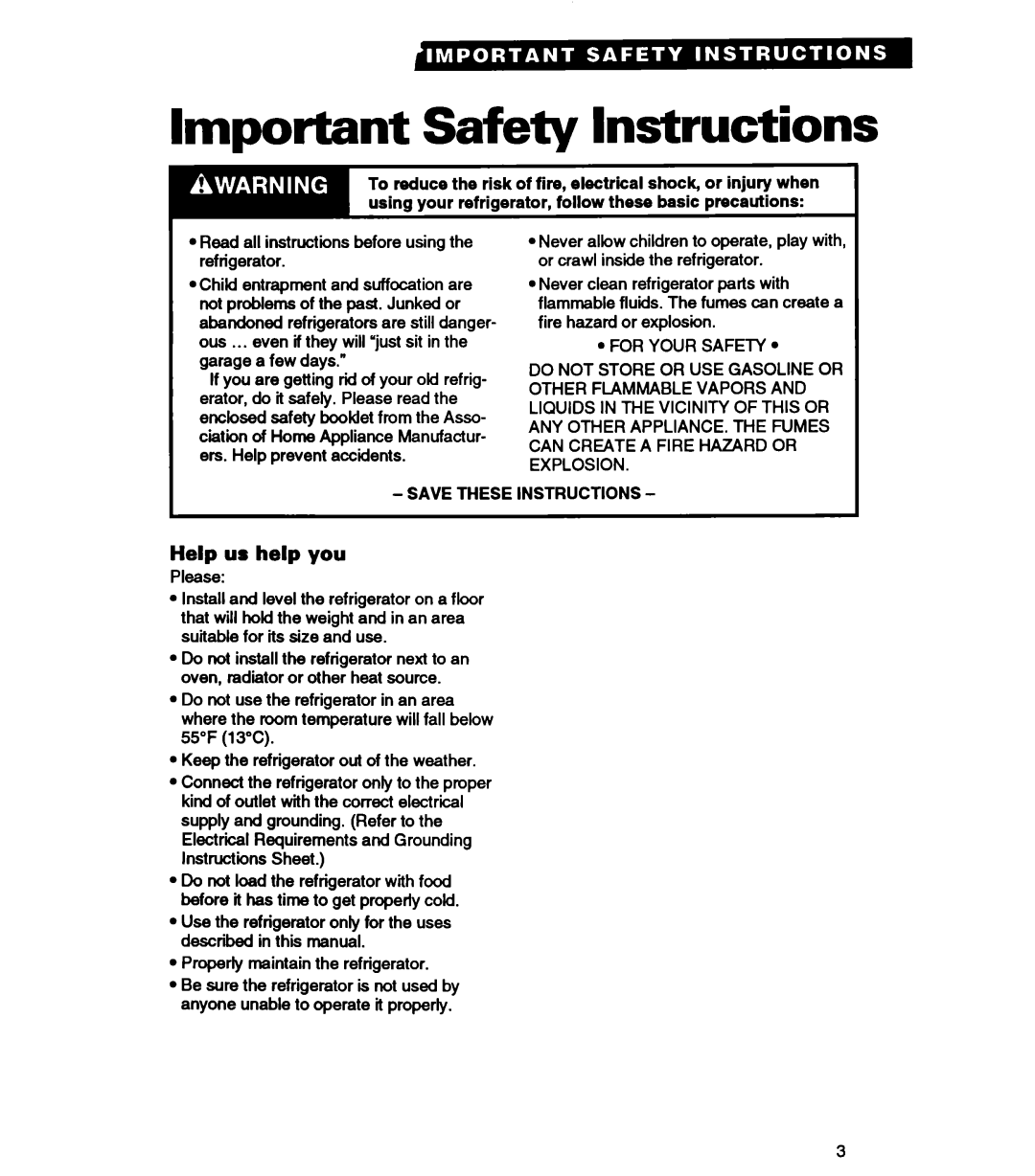 Whirlpool RT14VK warranty Important Safety Instructions, Help us help you 