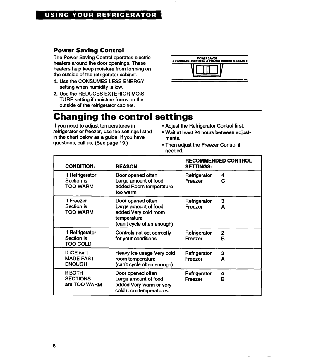 Whirlpool RT14VK warranty Changing the control, settings, Power Saving Control 