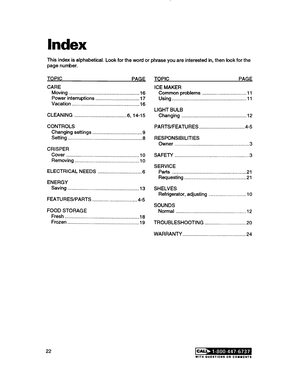 Whirlpool RT14ZK, RTl4VK warranty Index, Topic Care ICE Maker 