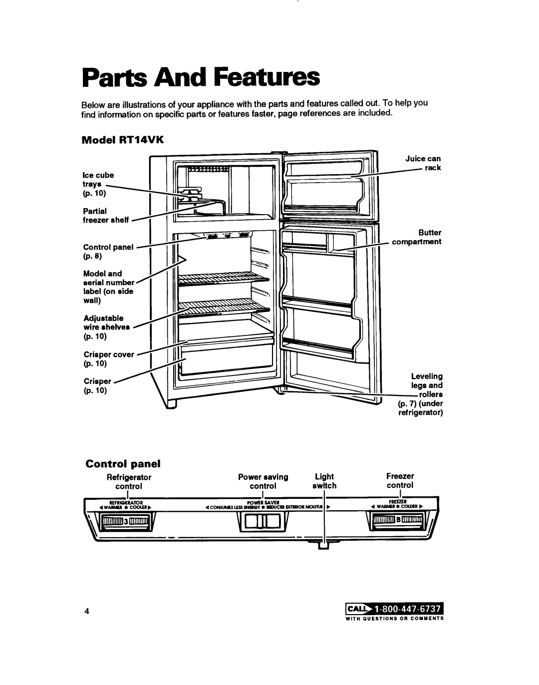 Whirlpool RT14ZK, RTl4VK warranty Parts And Features, Model RT14VK, Panel 