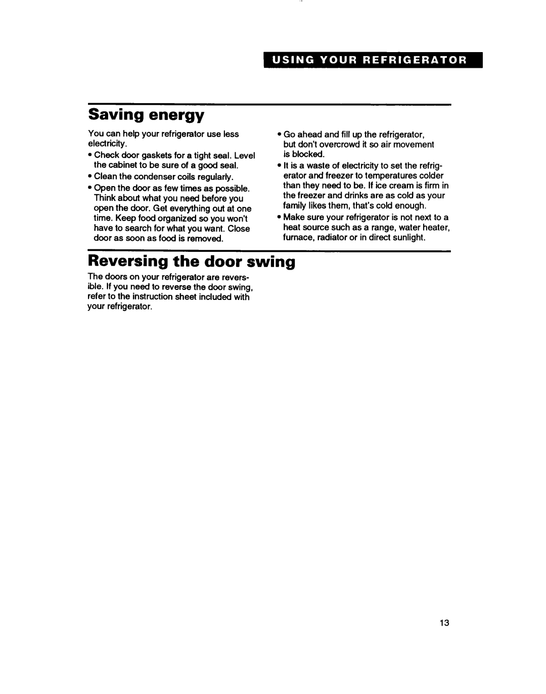 Whirlpool RTl4VK, RT14ZK warranty Saving energy, Reversing the door swing 