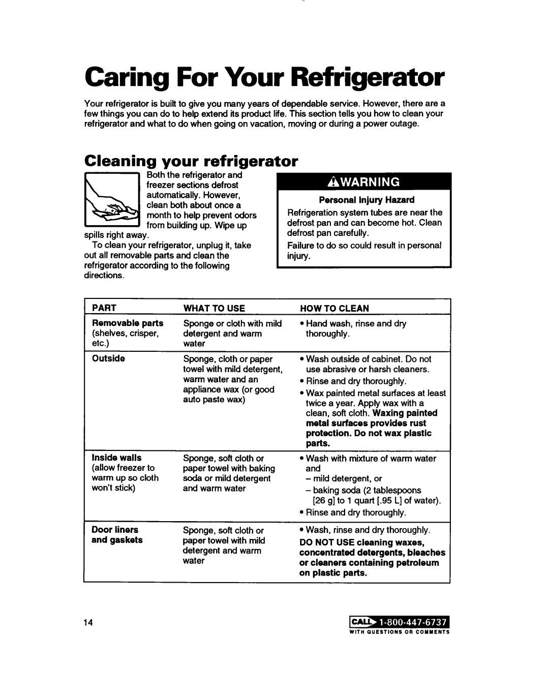 Whirlpool RT14ZK Caring For Your Refrigerator, liiiil, your refrigerator, Personal injury Hazard, Part, What To Use, Door 