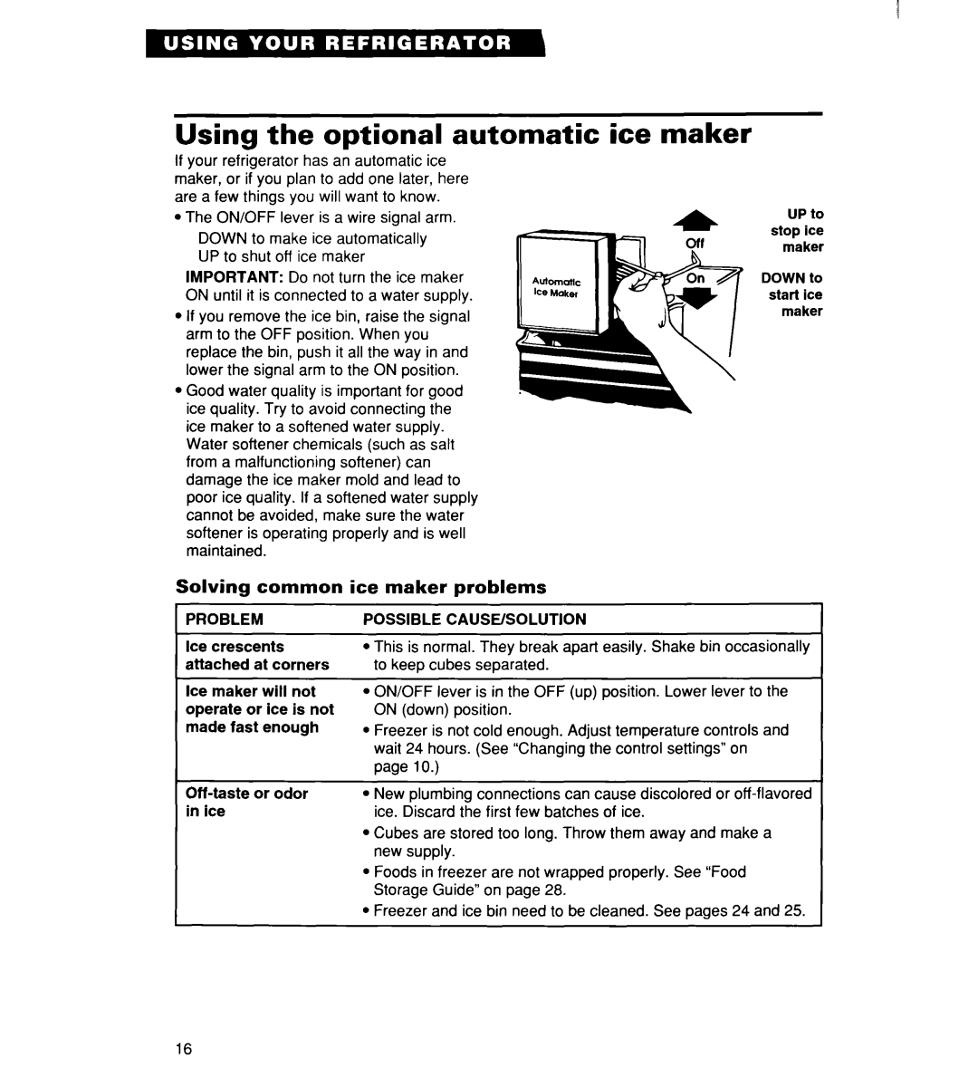 Whirlpool RT16DKXDN03 warranty Using the optional automatic ice maker, Solving common, Ice maker problems, Problem 