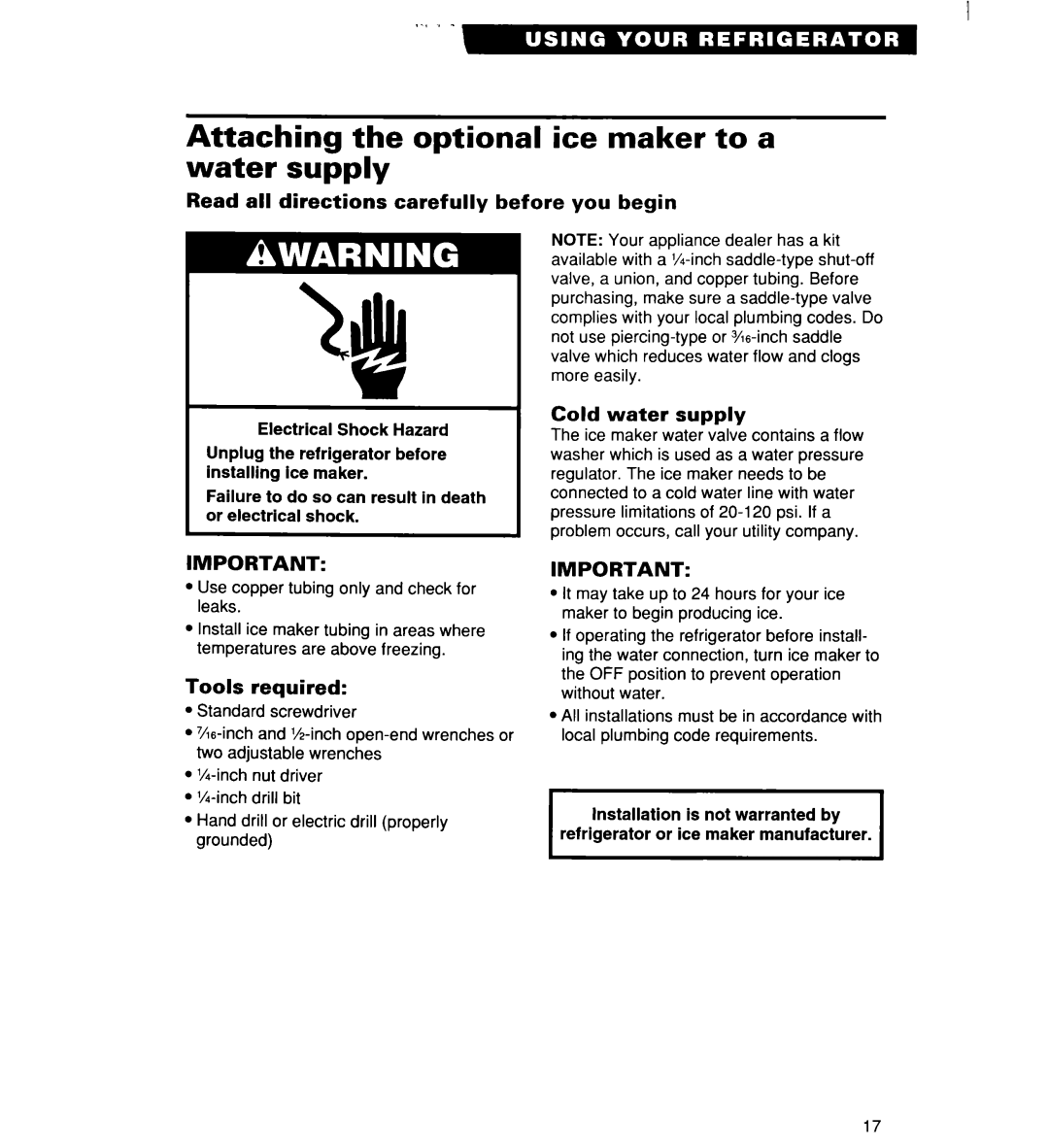 Whirlpool RT16DKXDN03 Attaching the optional ice maker to a water supply, Read all directions carefully before you begin 