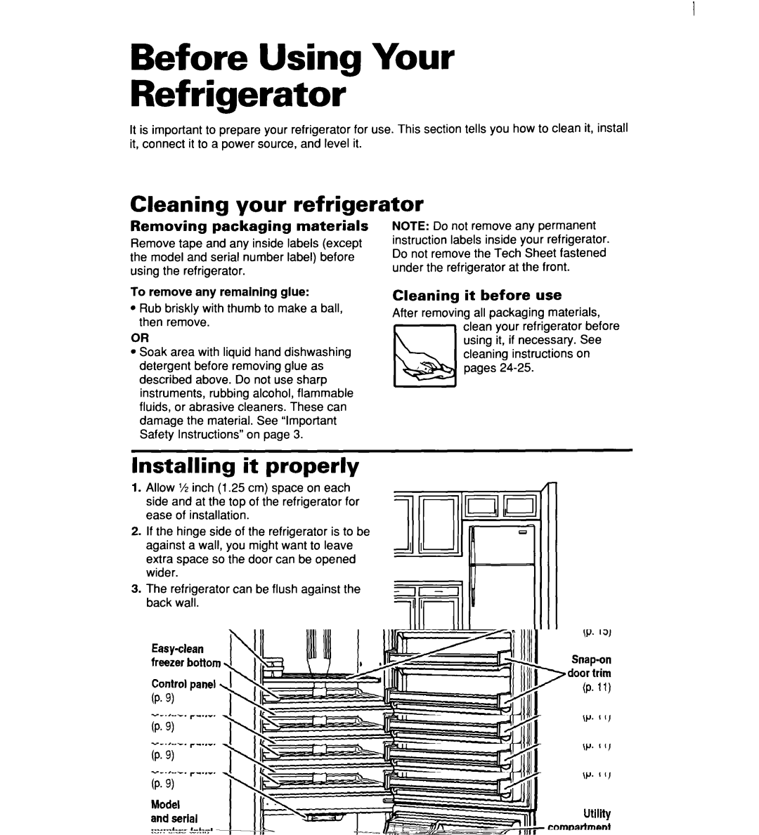 Whirlpool RT16DKXDN03 warranty Before Using Your Refrigerator, Cleaning your refrigerator, Installing it properly 