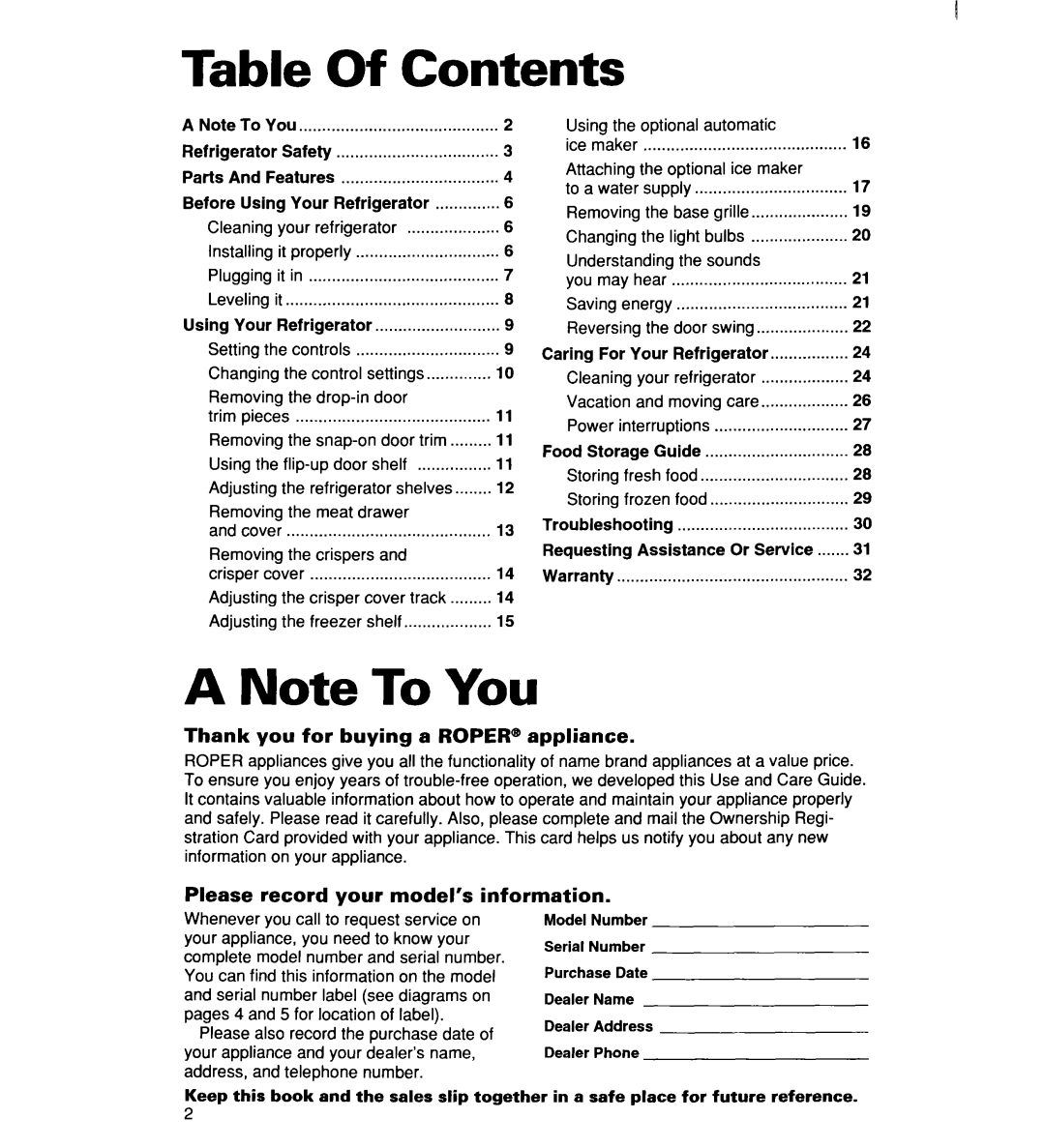 Whirlpool RT16DKXDN03 warranty Table Of Contents, A Note To You, Thank you for buying a ROPER@ appliance 