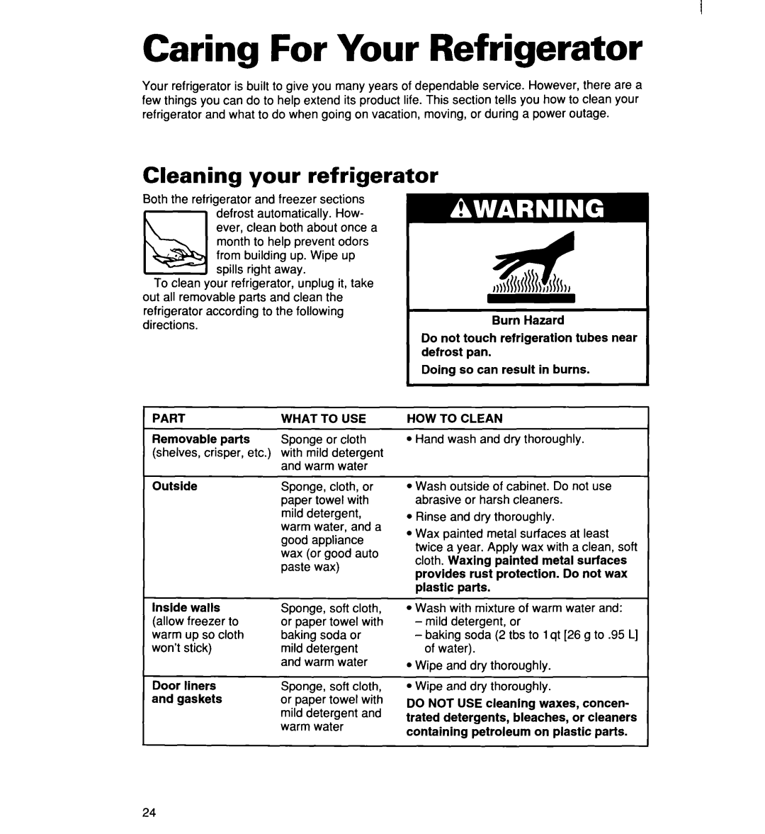 Whirlpool RT16DKXDN03 warranty Caring For Your Refrigerator, Cleaning your refrigerator 