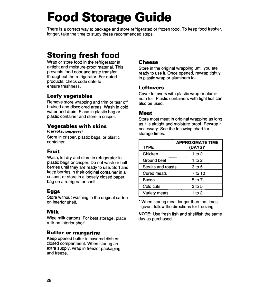 Whirlpool RT16DKXDN03 warranty Food Storage Guide, Storing fresh food 
