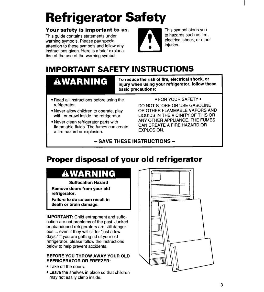 Whirlpool RT16DKXDN03 warranty Refrigerator Safety, Important Safety Instructions, Proper disposal of your old refrigerator 