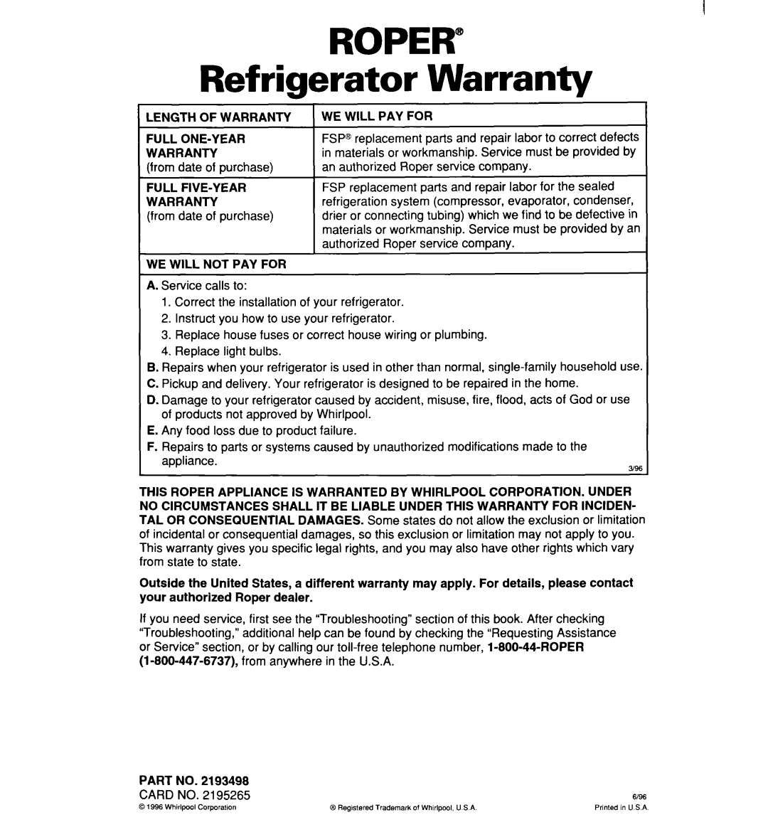 Whirlpool RT16DKXDN03 warranty Roper, Warranty, Refrigerator 