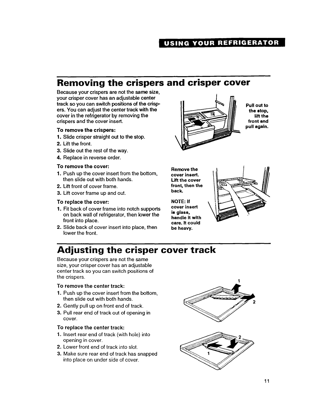 Whirlpool RT17DK, RT17EK warranty Removing the crispers, Crisper cover, Adjusting the crisper cover track 