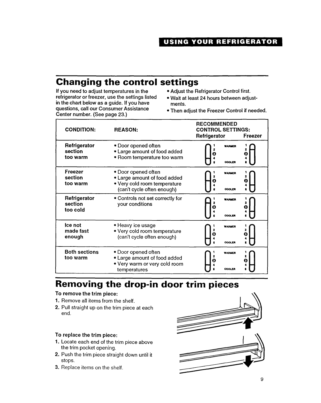 Whirlpool RT17DK, RT17EK warranty Changing the control, Settings, Removing the drop-in, Door trim pieces 