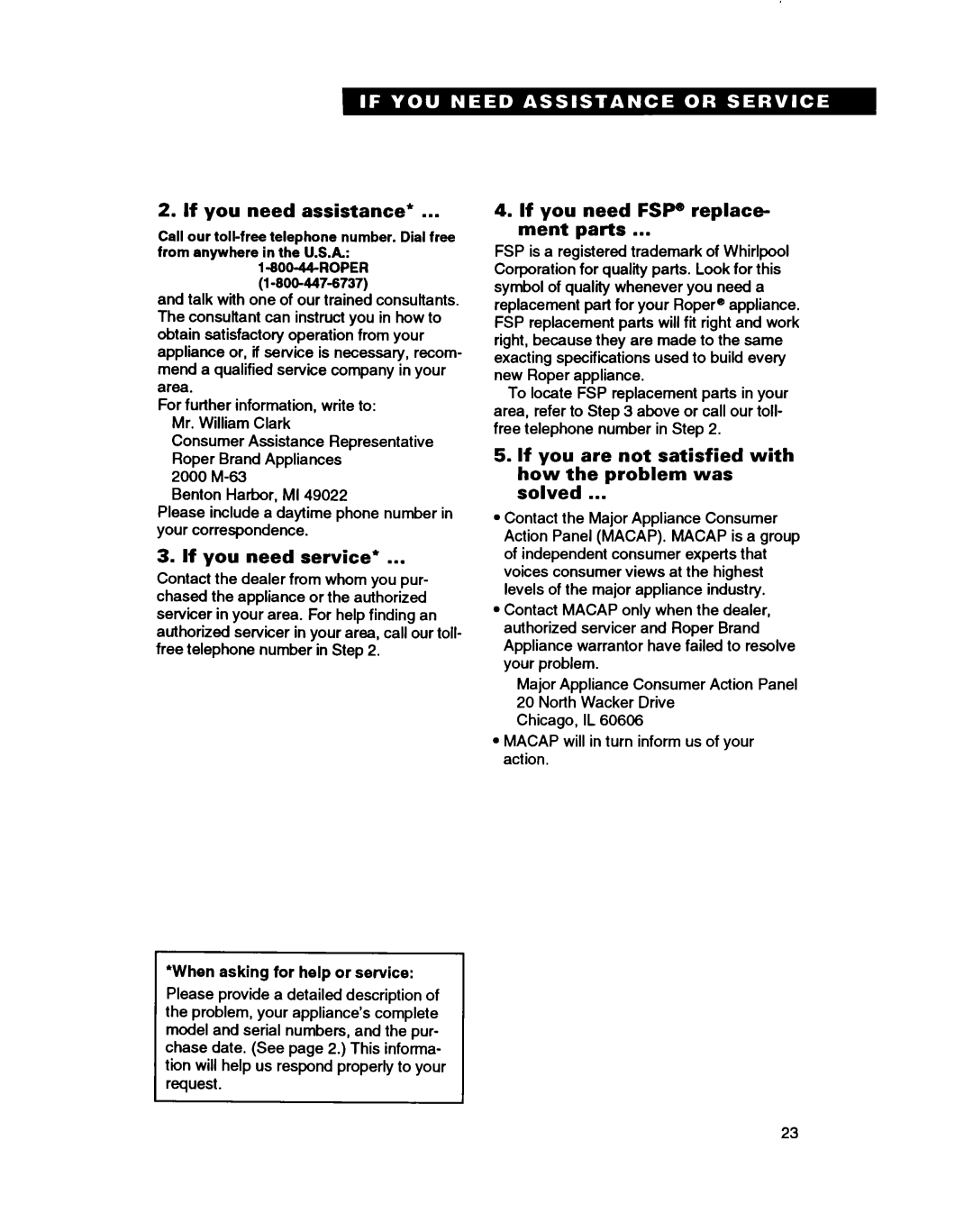 Whirlpool RT18HD, RT18BM, RT18DK, RT18AK If you need assistance, If you need service, If you need FSP replace ment parts 