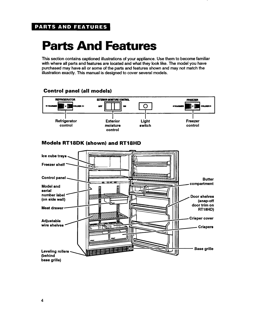 Whirlpool RT20BK, RT18BM, RT18DK, RT18AK, RT20AK, RT18BK Parts And Features, Control panel all models, Models Rtisdk Shown 