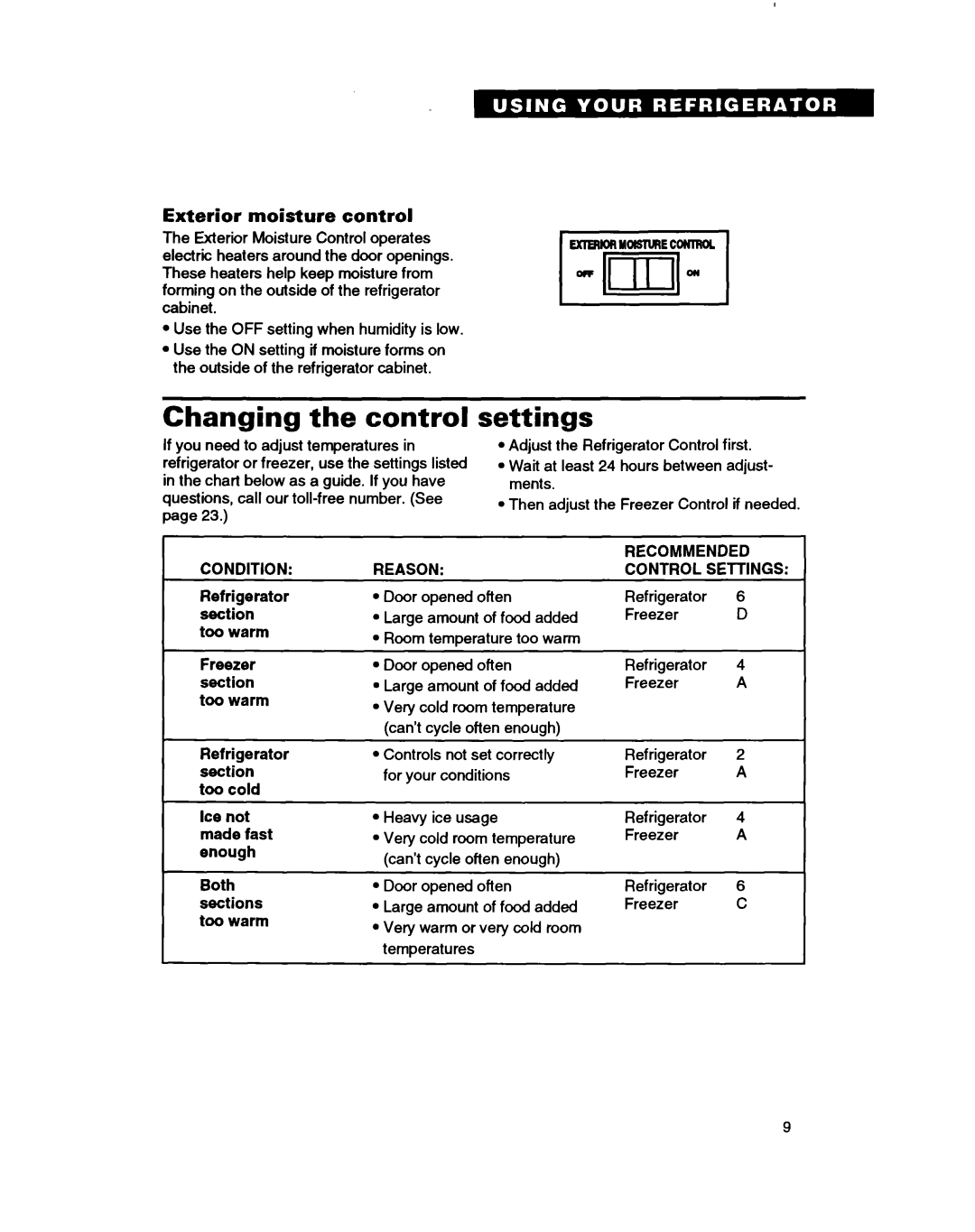 Whirlpool RT18DK, RT18BM, RT18AK, RT20AK, RT20BK, RT18BK, RT22AK Changing the control, Settings, Exterior moisture control 