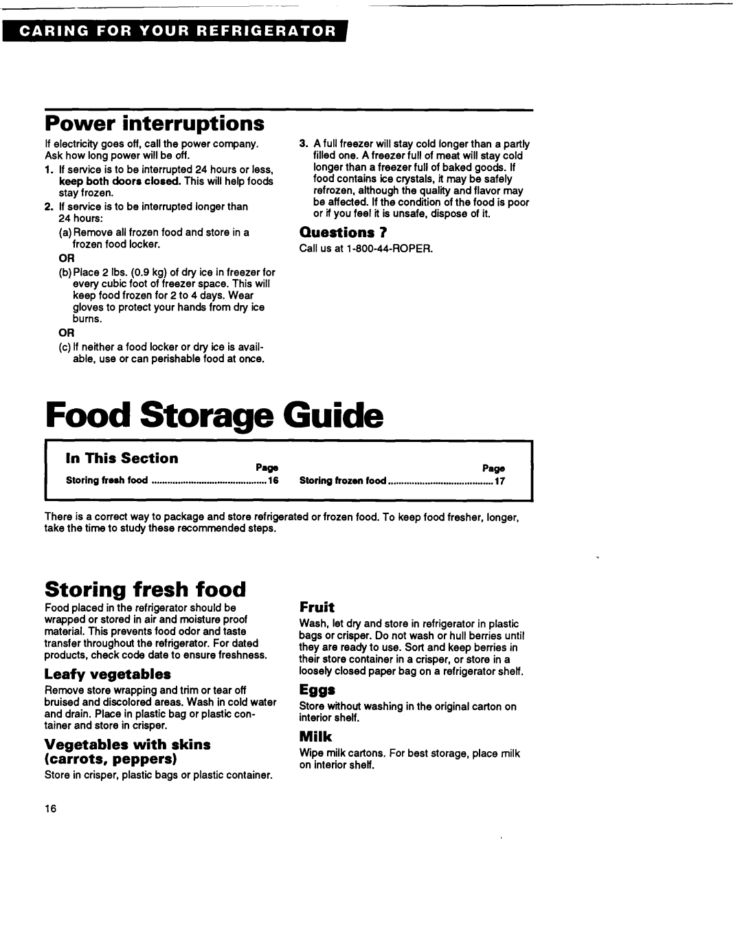 Whirlpool RT18HK warranty Food Storage Guide, Power interruptions, Storing fresh food 